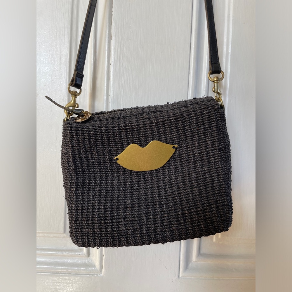 Clare V rattan crossbody with brass lips
